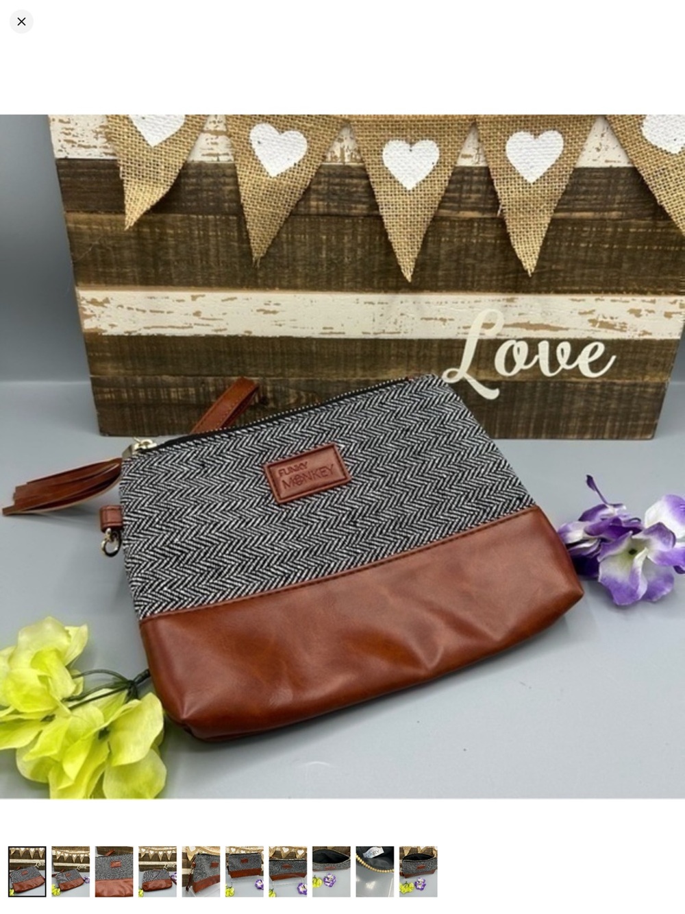 ✨Herringbone & Brown Faux Leather Wristlet Clutch